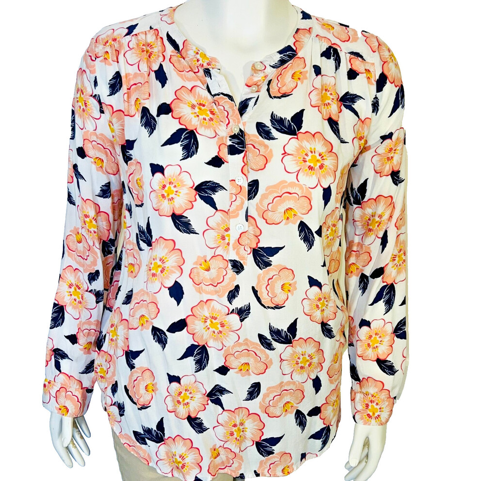 LOFT Outlet Blouse Shirt Women's Size M Henley Neck White Pink Floral Long Sleev